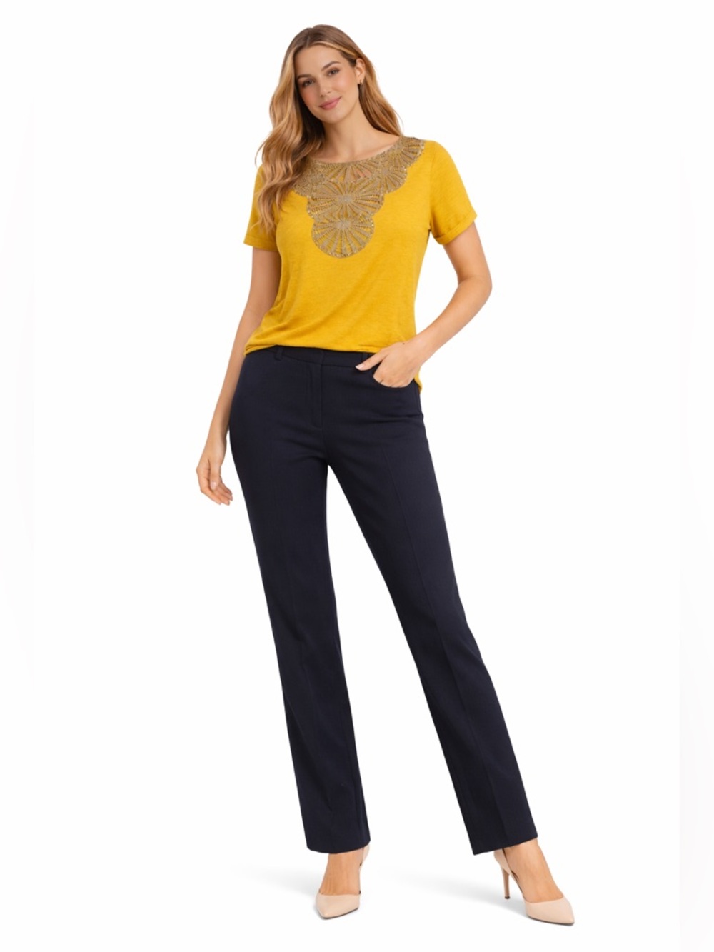 Tory Burch Yellow Short Sleeve Top with Gold Detail